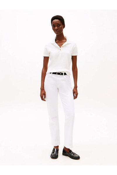 Tommy Hilfiger Women's Gold Button Closure Polo Neck Standard Size Cotton Ecru Polo Neck T-Shirt Ww0Ww45436-Ybl