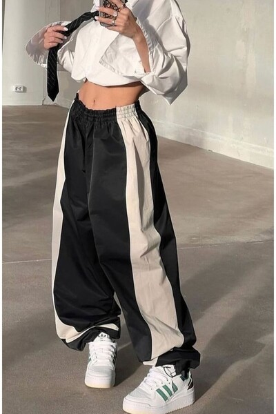 EDVESS Y2k Siyah Detaylı Baggy Paraşüt Pantalon