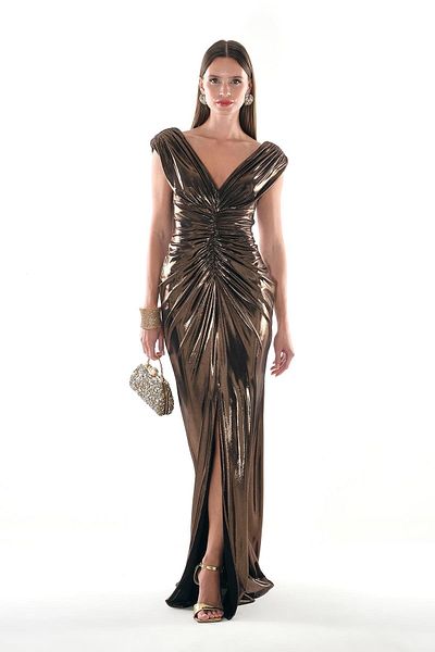 EXPLOSION Shiny Surface Gathered Maxi Length Stylish Evening Dress