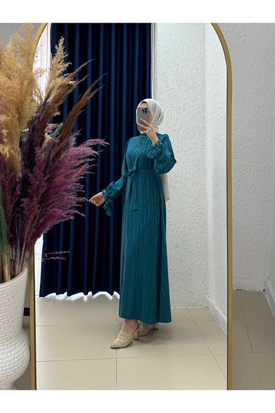 Ebrar Store Hafsa Jacquard Dress with Tied Sleeves-El1888 Petrol Blue