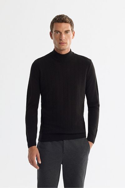 Avva Men's Black Half Turtleneck Textured Knitwear Sweater E 005108