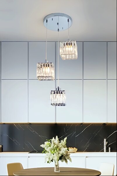 Ultra Home Lüx Kristal 3 lü Krom Sarkıt avize