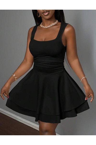 MAROVOAY Plus Size Mini Flared Dress with Drawstring Waist