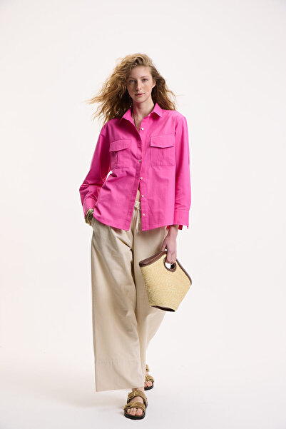 ETHIQUET MELANCHOLI Pantaloni de damă 100% bumbac cu aspect de in, talie înaltă, talie elastică, bej