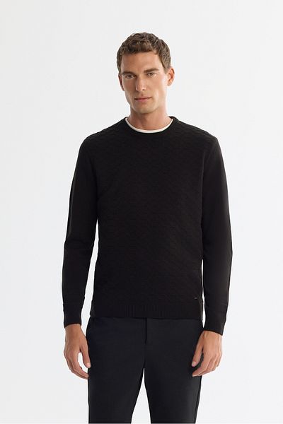 Avva Men's Black Crew Neck Textured Knitwear Sweater E 005107