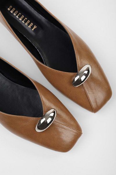 Shoeberry Women's Melia Caramel Skin Buckle Detailed Ballerinas