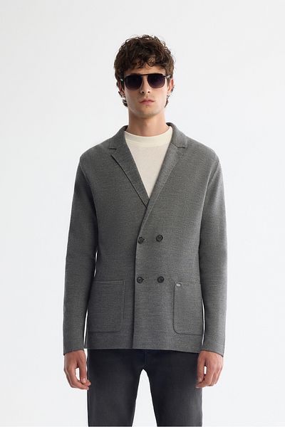 Avva Men's Gray Mono Collar Double Breasted Wool Knitwear Jacket with Bag Pocket A42Y5153