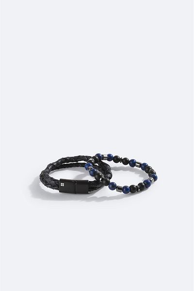 Avva Men's Navy Blue Leather Ceyt and Hematite Stone Bracelet A42Y9620