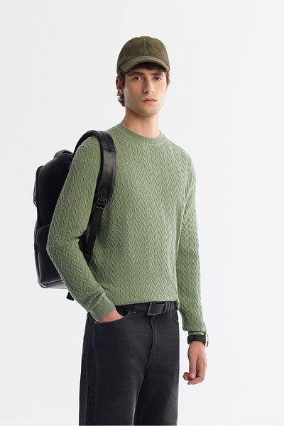 Avva Water Green Jacquard Crew Neck Men's Knitwear Sweater - A42Y5145