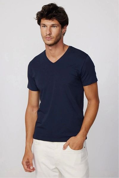 PHANTOM JEANS Men's Navy Blue Lycra Stylish Cotton Soft Textured Slim Fit Slim Fit V-Neck Basic T-Shirt