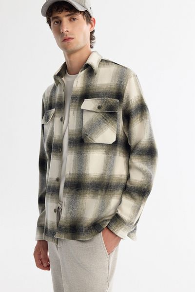 Avva Men's Khaki Classic Collar Plaid Woolen Shirt Jacket A42Y2116