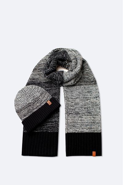 Avva Men's Black Color Block Ribbed Knitwear Scarf Beanie Set A42Y9221