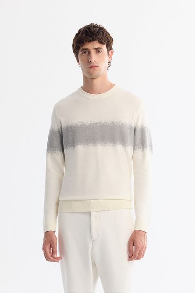 Avva Men's Gray Crew Neck Striped Soft Touch Knitwear Sweater A42Y5055