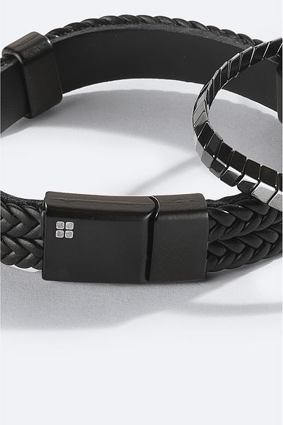 Avva Men's Black Leather and Hematite Stone Bracelet A42Y9611