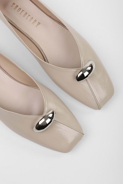 Shoeberry Women's Melia Ecru Skin Buckle Detailed Babet