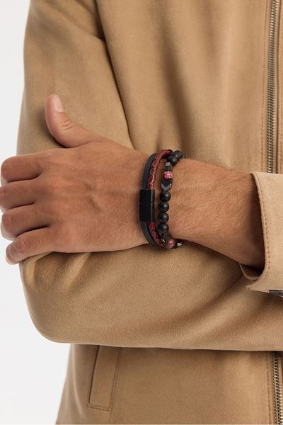 Avva Men's Burgundy Leather Ceyt and Hematite Stone Bracelet A42Y9622