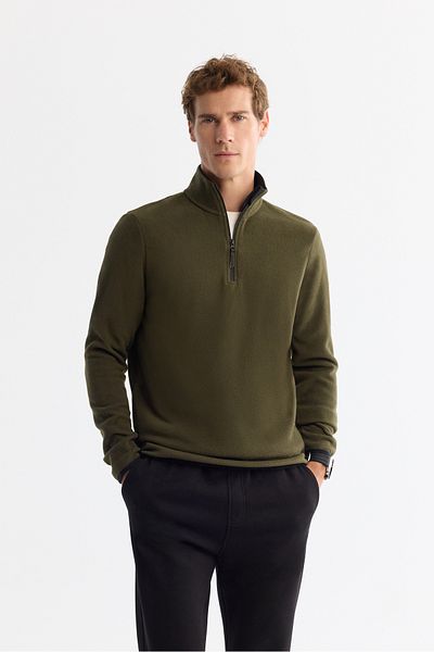 Avva Men's Green Cold Resistant Half Zipper Stand Collar Fleece Sweatshirt E 001068