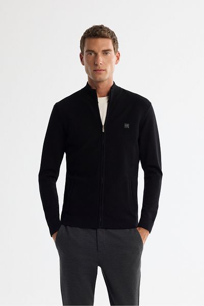 Avva Men's Black Stand Collar Zippered Front Textured Soft Touch Knitwear Cardigan A42Y5143