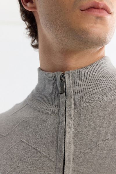 Avva Gray Patterned Soft Touch Knitwear Men's Cardigan - Stand Collar, Zipper Detail A42Y5077