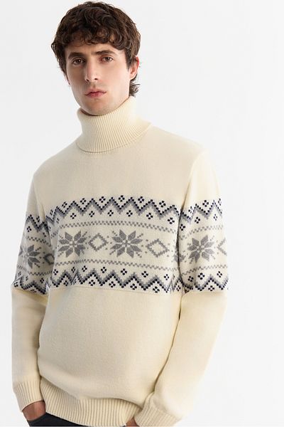 Avva Men's Ecru Full Turtleneck Snow Print Soft Touch Knitwear Sweater A42Y5147