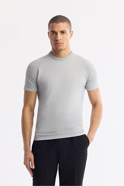Avva Men's Gray Crew Neck Sleeves Jacquard Detailed Rayon Knitwear T-Shirt A51Y5005