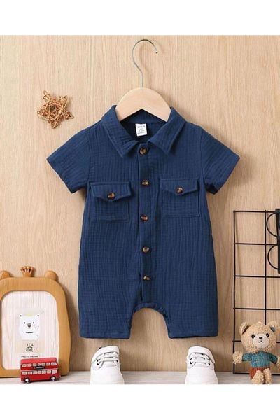 Bubito Unisex Baby&Child 100% Cotton Wooden Buttoned Pocket Muslin Jumpsuit-Blue