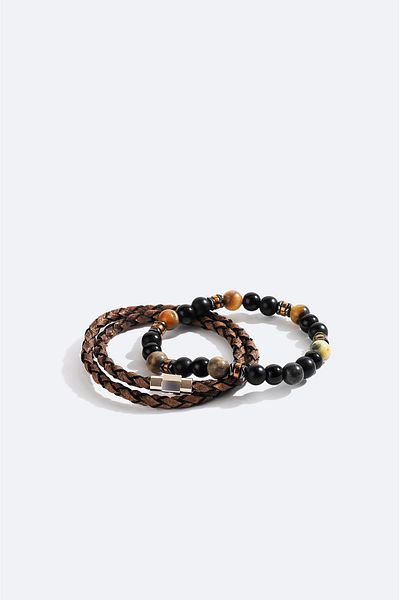 Avva Men's Mink Leather Ceyt and Hematite Stone Bracelet A42Y9613