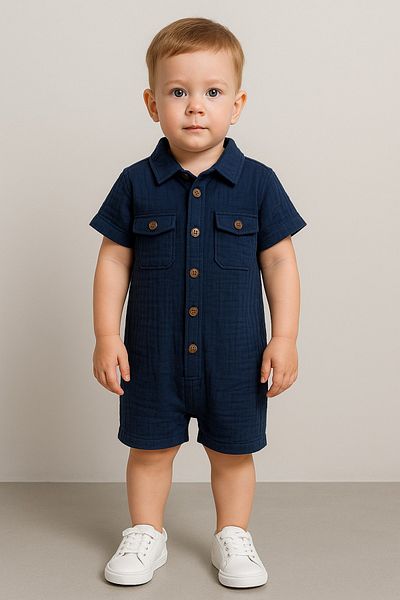 Bubito Unisex Baby&Child 100% Cotton Wooden Buttoned Pocket Muslin Jumpsuit-Blue