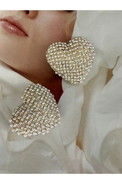 Pinery Jewels Limited Edition - Pair of Heart Pearl and Zircon Stone Detailed Maxi Length Evening Dress Earrings