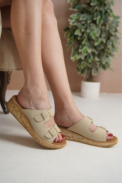 Taran Ellen Women's Yellow Double Buckle Detailed Cork Sole Stylish and Comfortable Daily Slippers