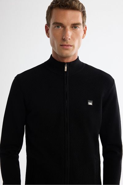 Avva Men's Black Stand Collar Zippered Front Textured Soft Touch Knitwear Cardigan A42Y5143