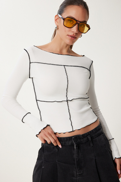 Lovelyİstanbul Kontrast Şeritli Fitilli Örme Bluz KEMİK SİYAH LUS0124