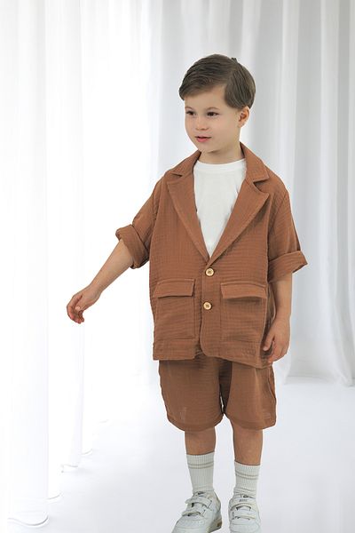 Catz Kids Brown Muslin Jacket Shorts Set