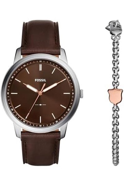 Fossil Men's Minimalist Quartz Stainless Steel Watch and Bracelet Gift Set, Color: Silver/Brown Brac