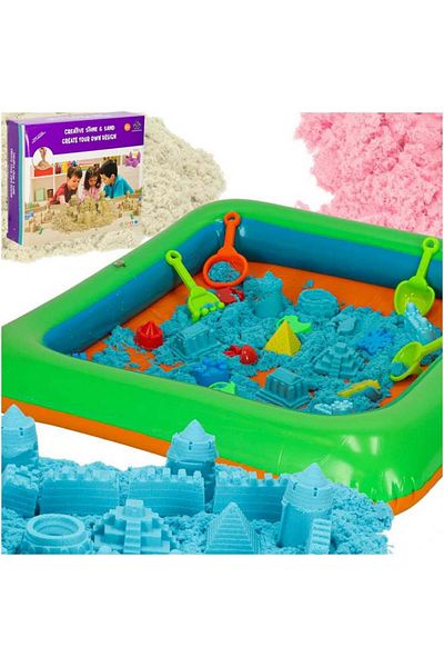 Micostore Set Kinetic Sand 1kg cu accesorii și tavă gonflabilă, 27 de piese - Joc creativ și educativ