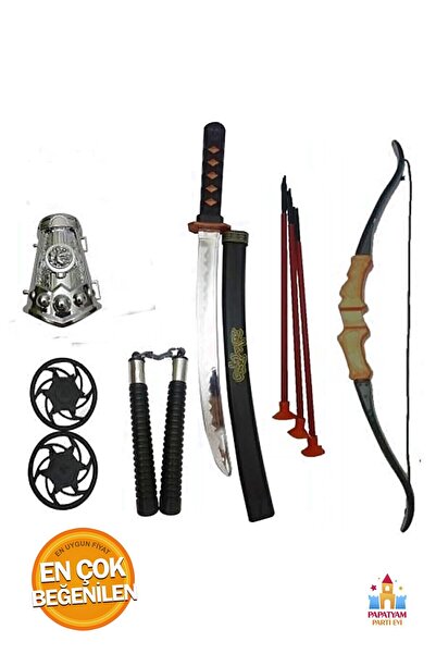 PapatyamPartiEvi Ninja Samuray Dövüş Savaş Seti Ok Yay Kılıç Kalkan Mınçıka N...