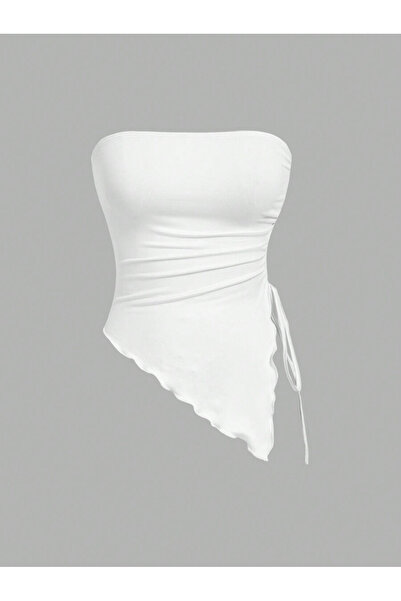 Marin Star Λευκό ασύμμετρο πλαϊνό μαζεμένο λευκό στράπλες αισθητική καλοκαιρινή μπλούζα Crop Top