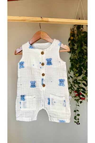 HEPSİ BEBEK Baby Summer Muslin Fabric Teddy Bear Patterned Jumpsuit - Organic...