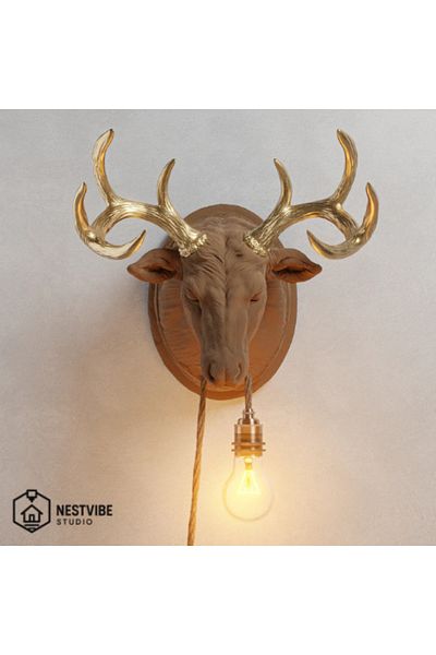 DREAM MODE Stylish and Modern Wall Lamp with Decorative Golden Horned Deer Head Nestvi̇be Special Series (Bulb Gift)