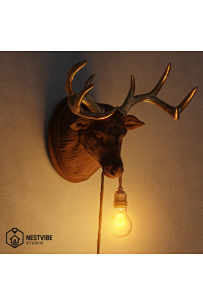 DREAM MODE Dekoratif Altın Boynuzlu Geyik Başlı Şık Ve Modern Duvar Lambası NESTVİBE Özel Seri (AMPUL HEDİYELİ)