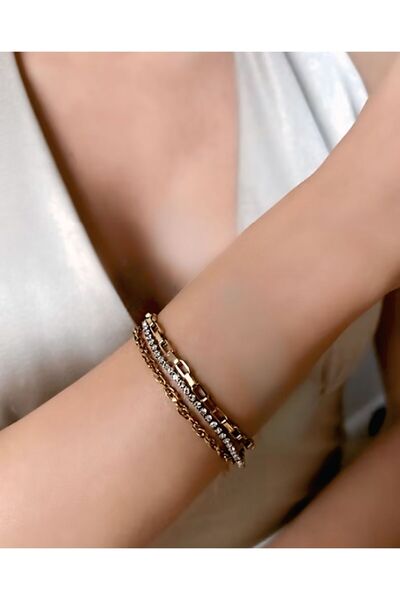 SEZGİLİ Çelik Kararmaz Su Yolu İnce Zincirli Gold Renk Künye Çoklu Bileklik