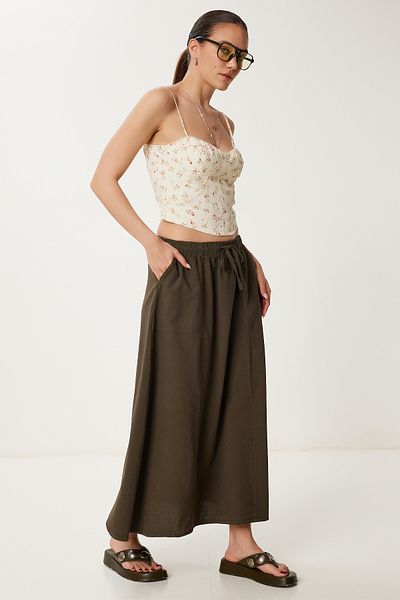 Lovelyİstanbul Fusta evazată din denim cu efect decolorat KHAKI LMX0074