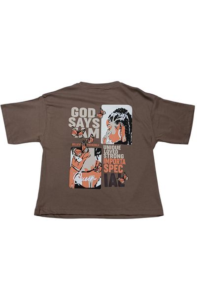 İrem Çocuk Giyim Girl's God Says Oversize Brown T-Shirt with Pattern on the Front and Back