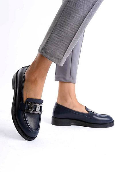 GRADA Women's Navy Blue Buckle Loafer Shoes Genuine Leather Metal Buckle Navy Women's Casual Skin Leather Loafer