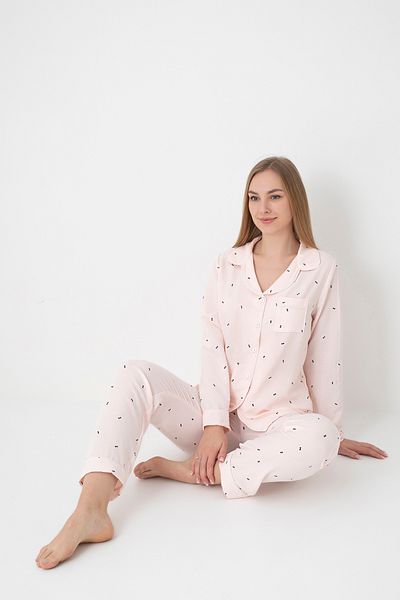 DOFİ Women's Light Pink Buttoned Polka Dot Aerobin Pajama Set – Bow Tie Patterned, Suitable for Summer Home Wear