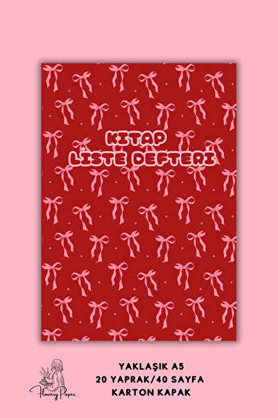 Flowery Paper Kırmızı kurdele Liste Defteri, Zımbalı Defter, 40 sayfa, Notepad, Memopad, A5 ,Kitap ,okuma günlüğü