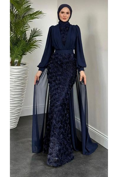 GÜZELLER Fish Model Cape Rose Embroidered Chiffon Promise Request Engagement Wedding Evening Dress