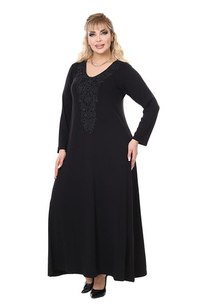 MELSAY Women's Long Sleeve Black Guipure Collar Detailed Large Size Long Dress