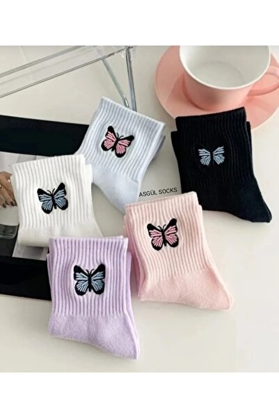 ASGÜL SOCKS Σετ κολεγιακές κάλτσες χωρίς ραφή χτενισμένες βαμβακερές κεντήματα πεταλούδας 5 ζευγάρια