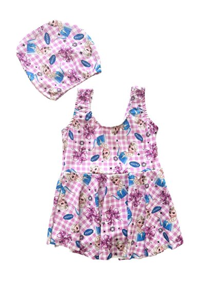 Şekerkids Girl's Pink Color Bonnet Skirt Swimsuit